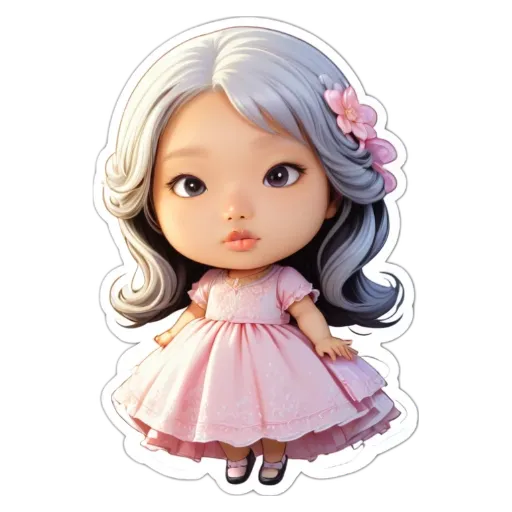 A girl in a pink dress with gray hair.