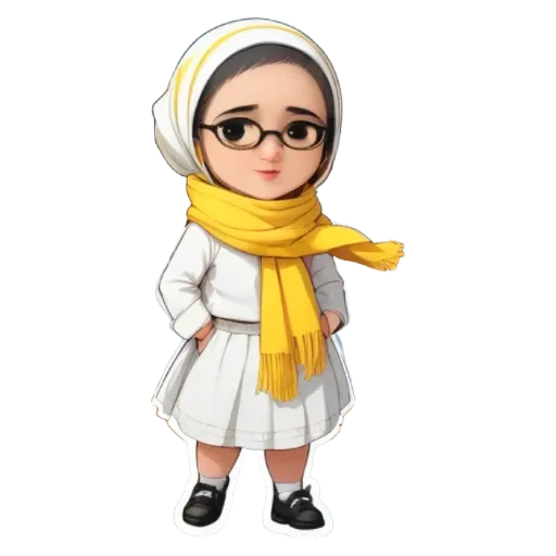 A girl wearing a white dress and a yellow scarf.