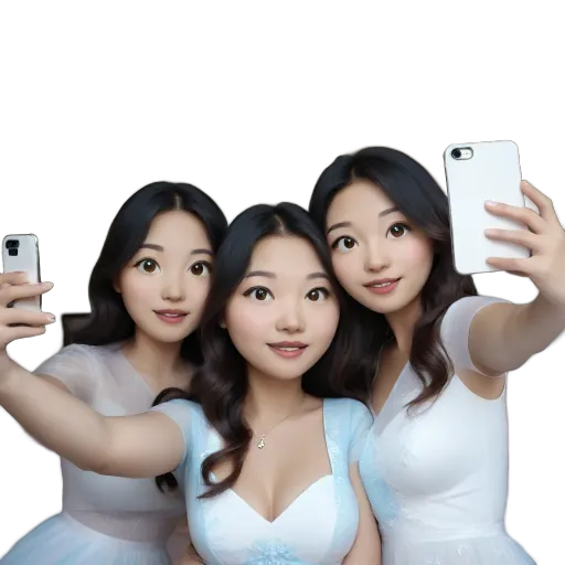 Three young women wearing white dresses taking selfies.