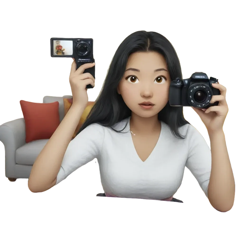 A woman holding a camera in front of a pillow.