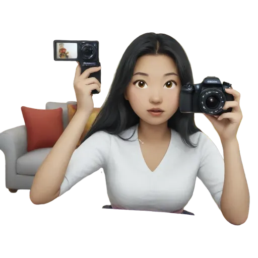 A woman holding a camera in front of a pillow.