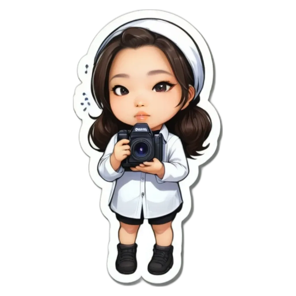 A girl holding a camera in a white shirt.