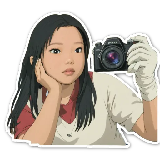 A girl holding a camera that is on her head.