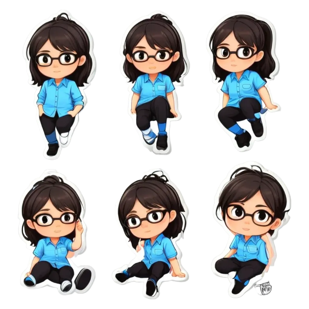 A series of six pictures of a girl in glasses sitting in different positions.