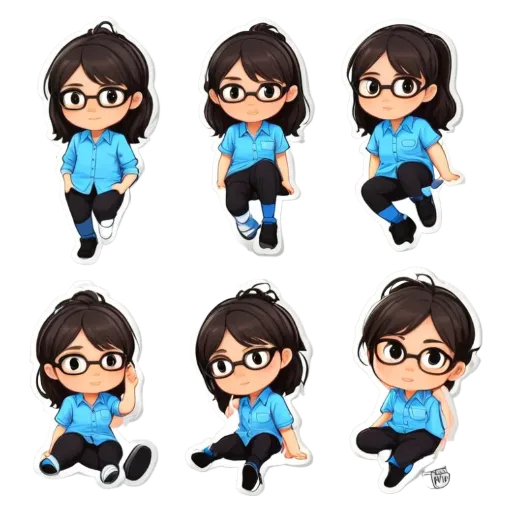 A series of six pictures of a girl in glasses sitting in different positions.