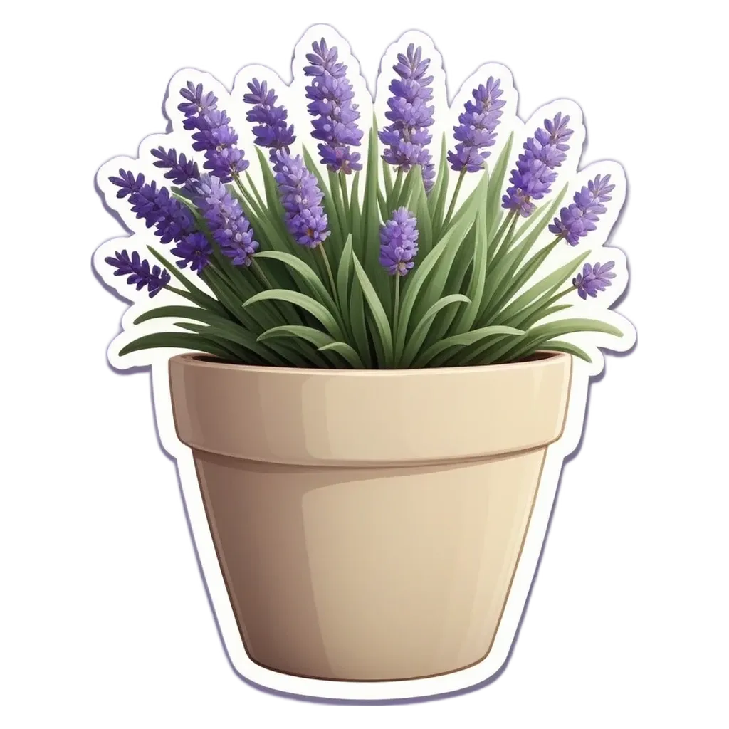 A potted plant that is purple and has a sticker on it.