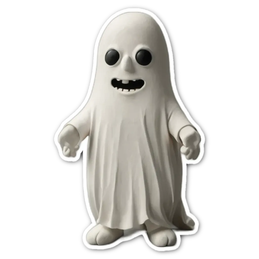 A ghost in a white sheet with big teeth and a mouth that is open.