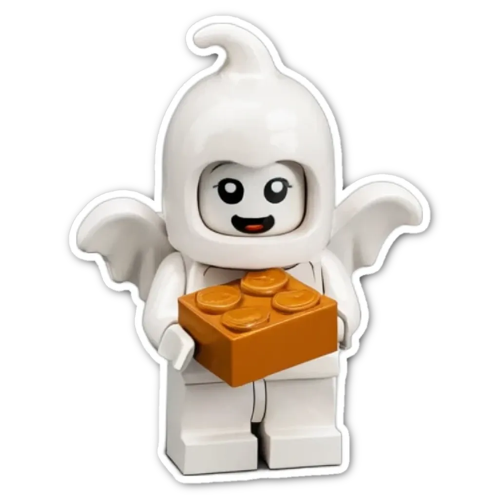 A white lego person holding a brown lego box.