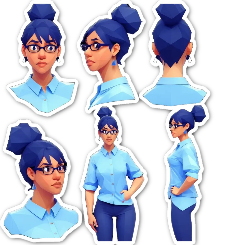 A series of cartoonish drawings of a woman with glasses.