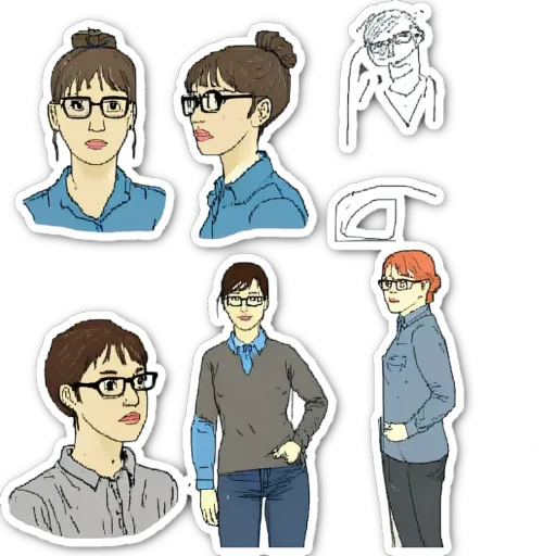 A collection of drawings of a woman in glasses.