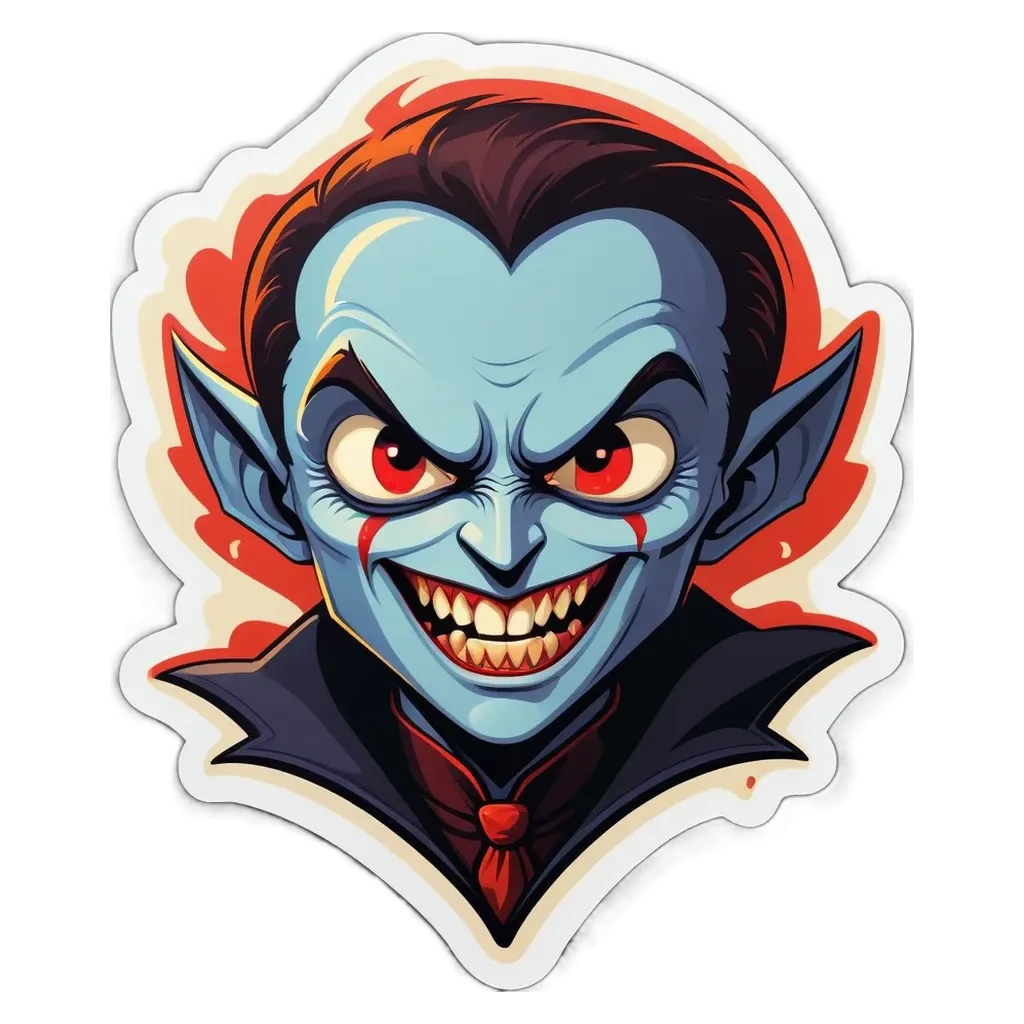 A sticker of a vampyre with red eyes and red hair.