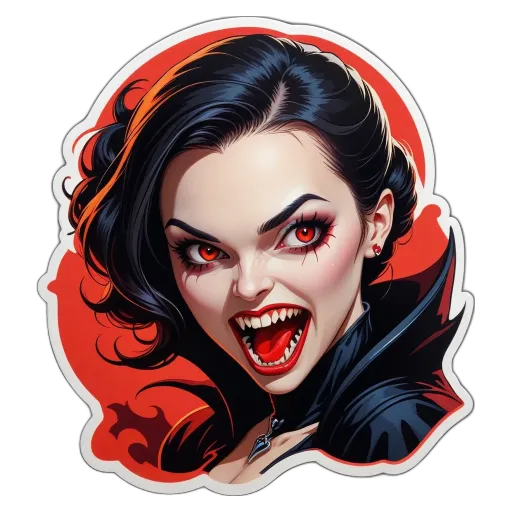 A sticker of a girl with red eyes and teeth that is on a black background.