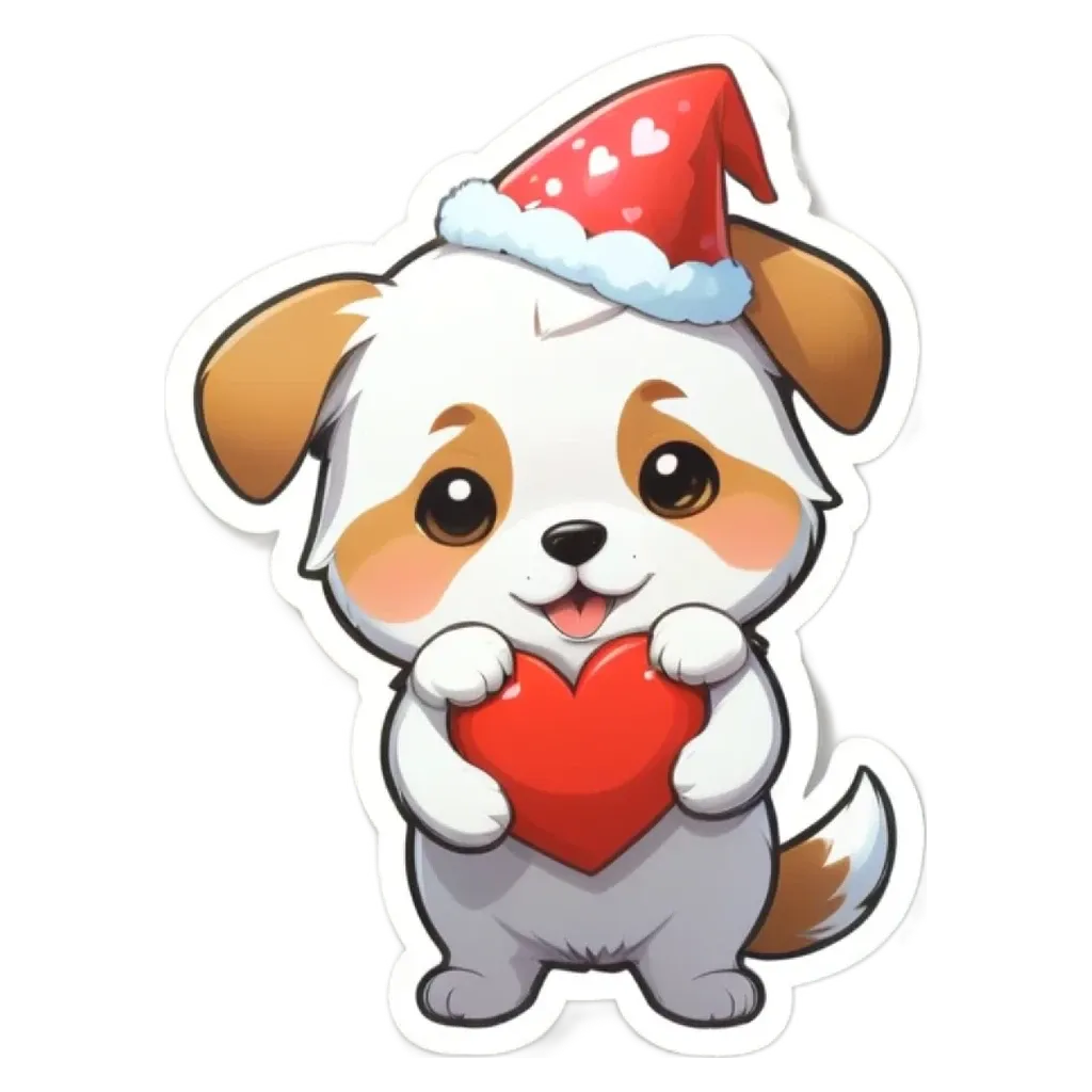 A dog wearing a hat and holding a heart sticker is holding a heart.