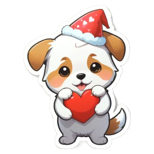 A dog wearing a hat and holding a heart sticker is holding a heart.