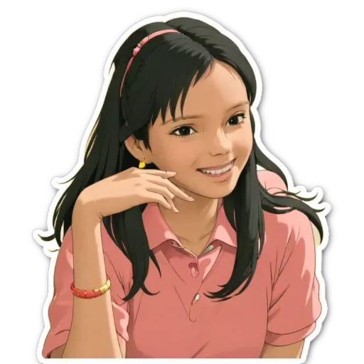 A cartoon drawing of a girl wearing a pink shirt and a red bracelet.