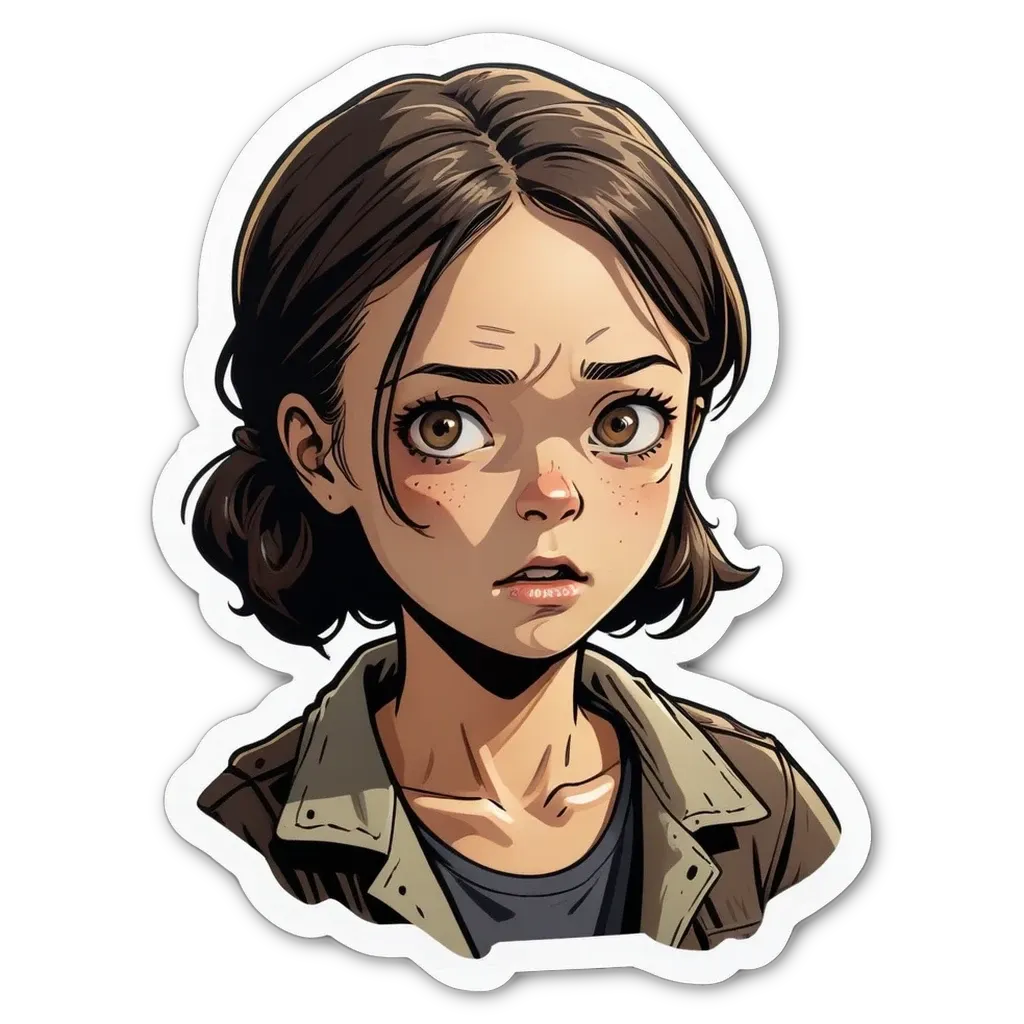 A sticker of a girl with brown hair.