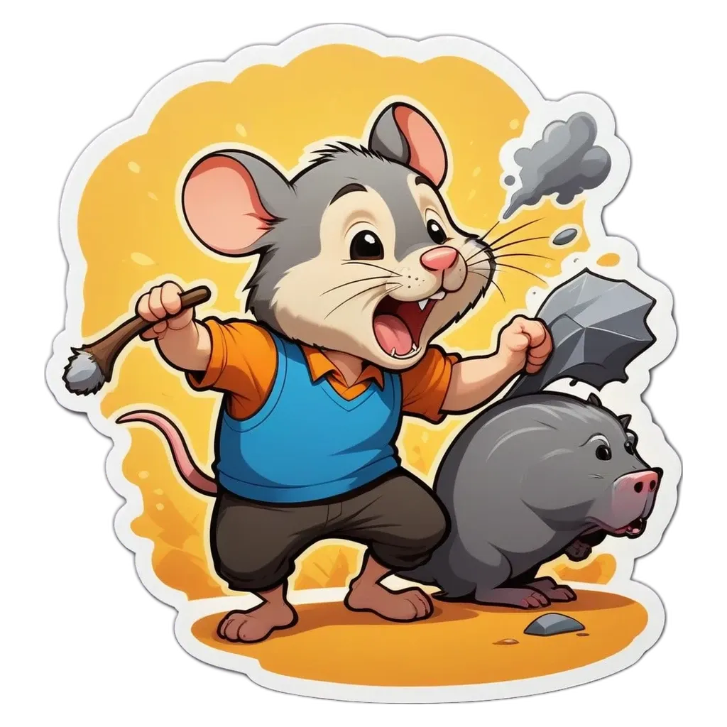 A cartoon picture of a mouse holding a stick and another mouse with a rock.