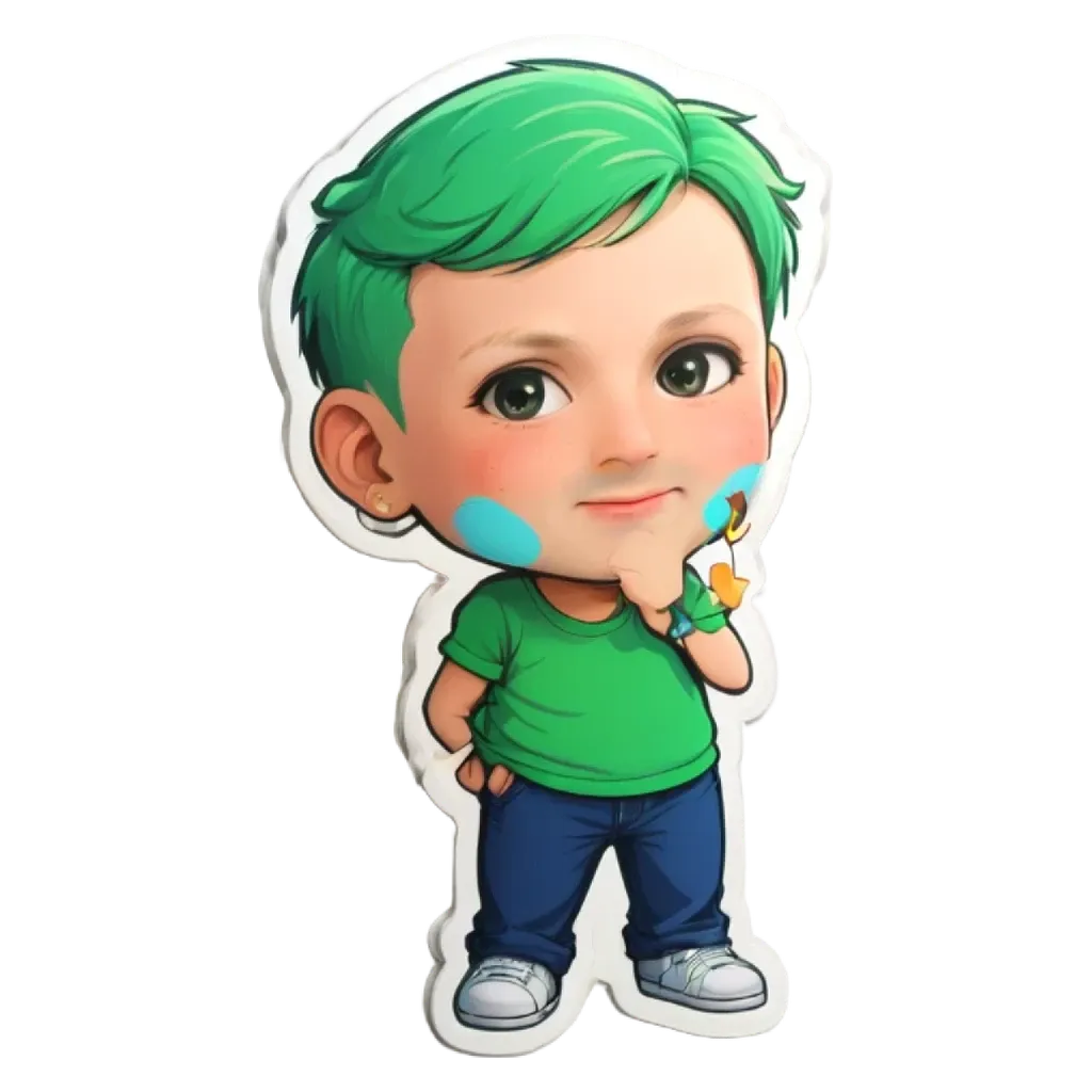 A boy with blue eyes and green hair who is holding a banana.