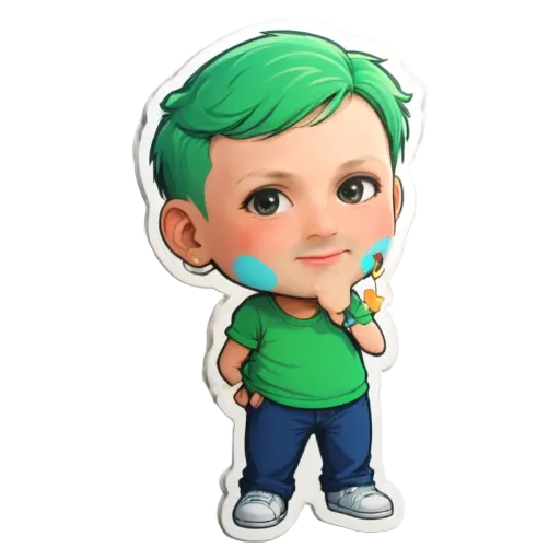 A boy with blue eyes and green hair who is holding a banana.