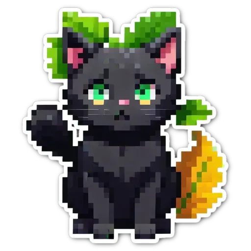 A black pixelated cat with green eyes.