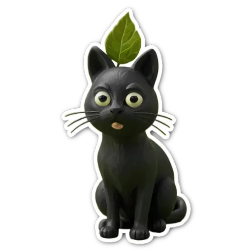 A black cat with a leaf sticking out of its mouth.