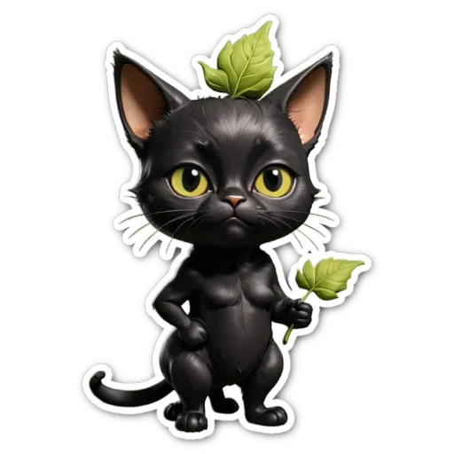 A cartoon depiction of a black cat holding a leaf.