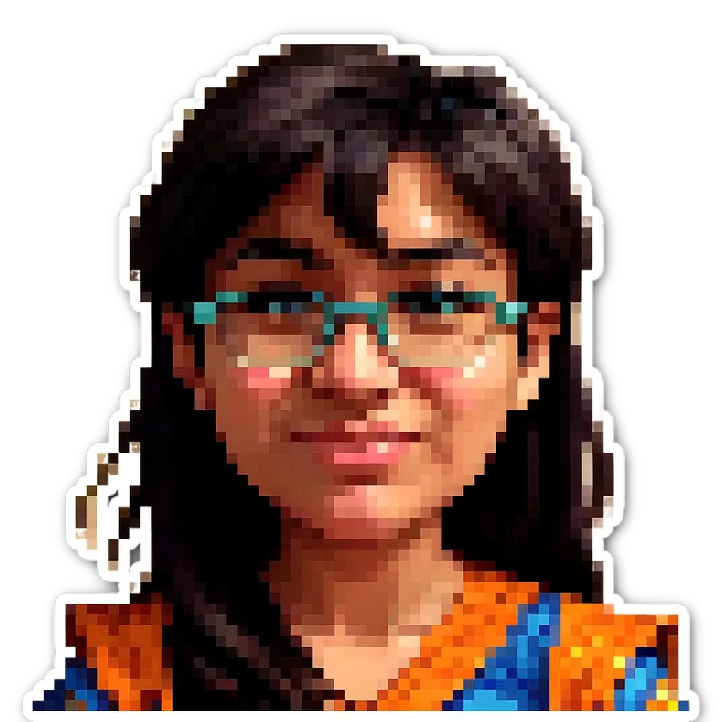 A girl wearing glasses and an orange and blue shirt.