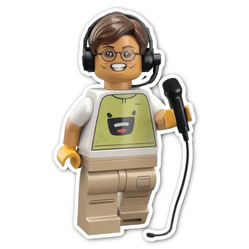 A lego boy with a microphone and headphones.