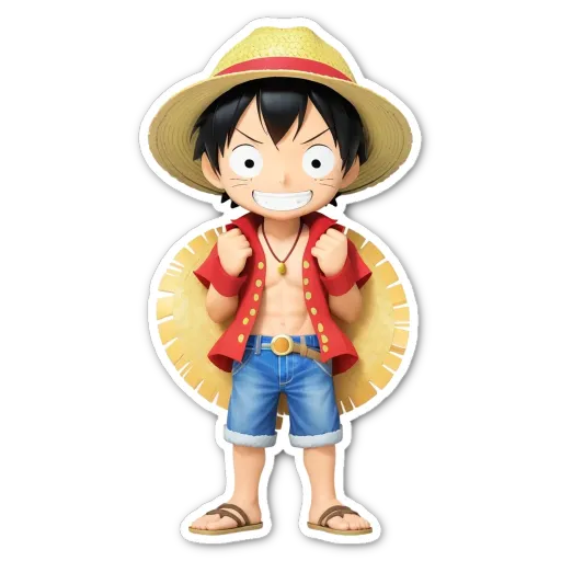 One piece statue of a boy carrying a wicker hat and red shirt.