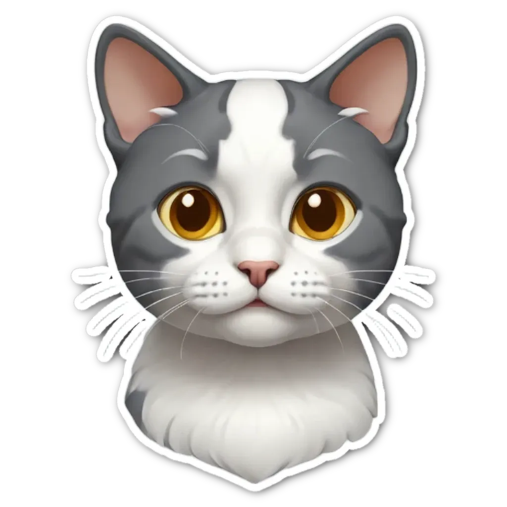 A gray and white cat with a sticker of its head.