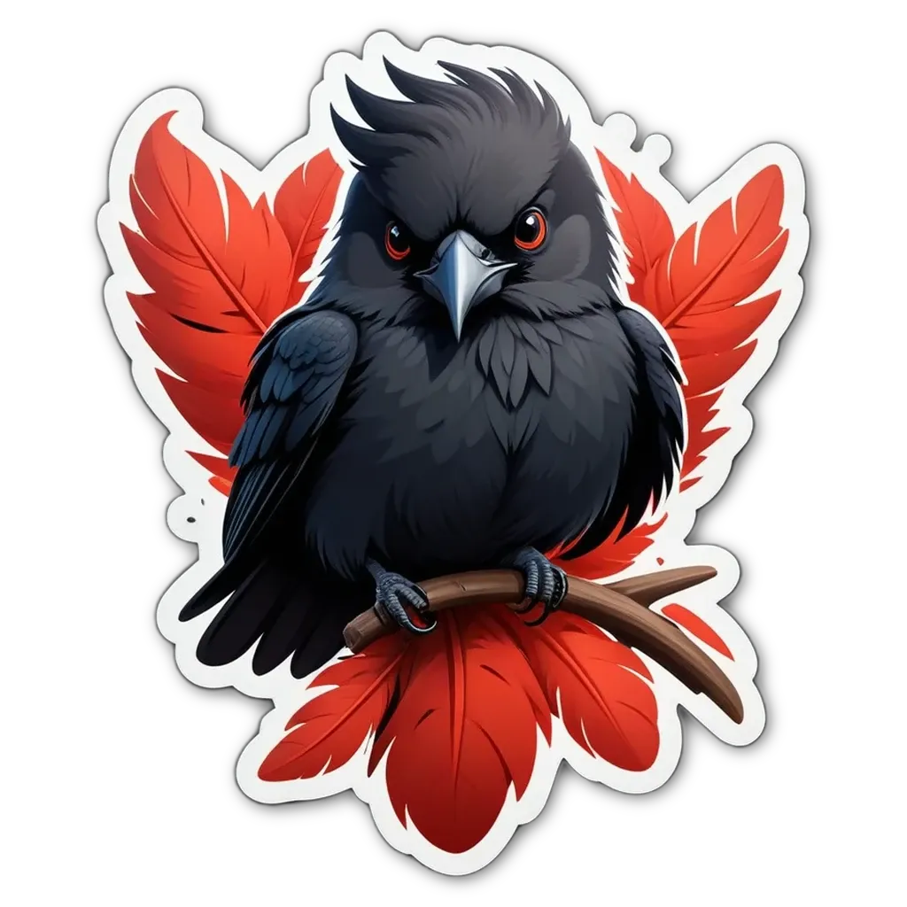 A sticker of a bird with red feathers and an angry face.