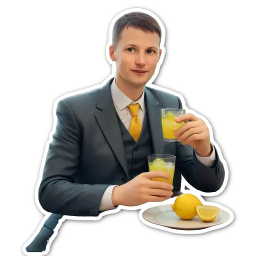 A man in a suit holding a glass of lemonade.