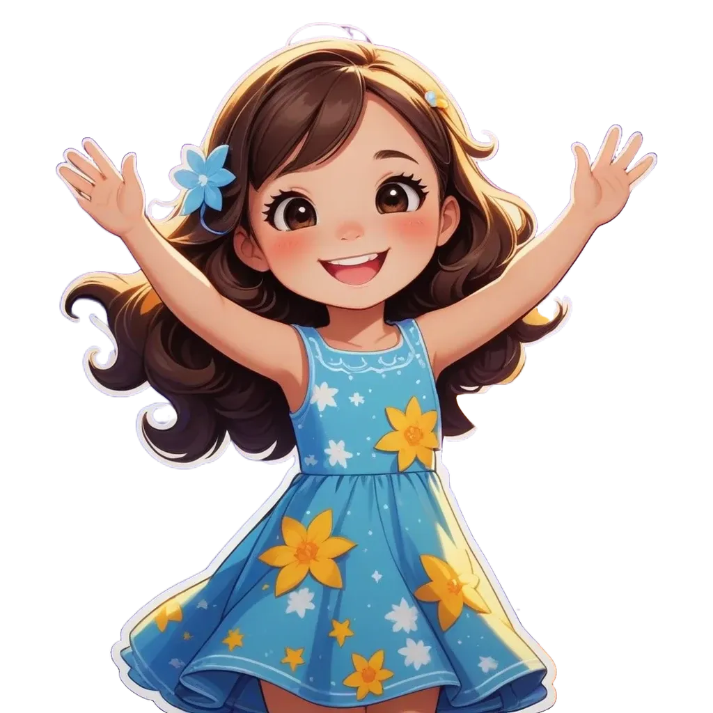 A cartoon girl with a flower in her hair is wearing a blue dress.