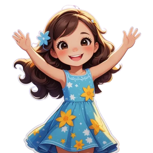 A cartoon girl with a flower in her hair is wearing a blue dress.