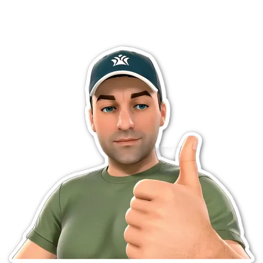 A man with a hat on and a sticker saying "thumbs up" is shown.