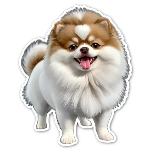 A dog with a white and brown fur with a tongue hanging out.