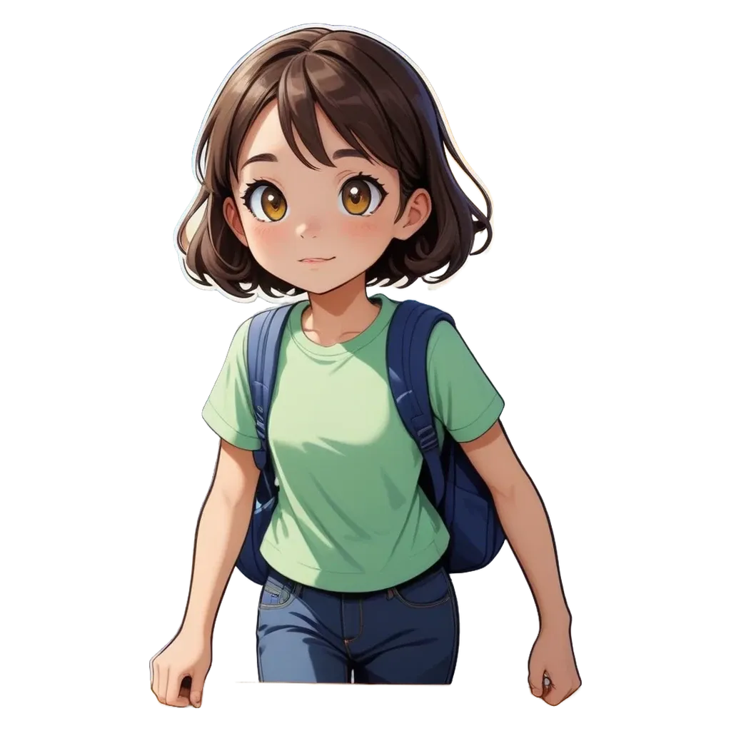 A girl with a green shirt on and a backpack.