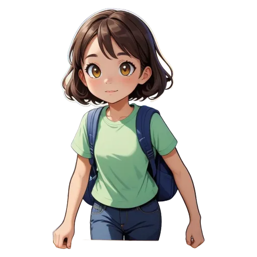 A girl with a green shirt on and a backpack.