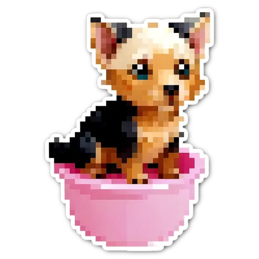 A pixelated dog in a pink bowl.