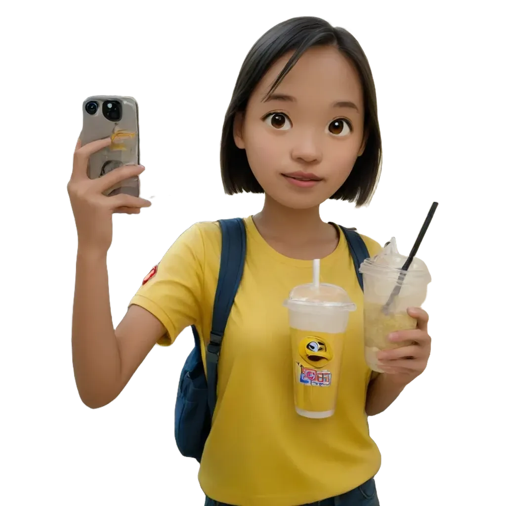 A girl taking a picture of herself with a drink.