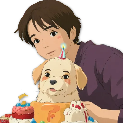 A boy in purple is holding a dog next to a cake with a lit candle on it.