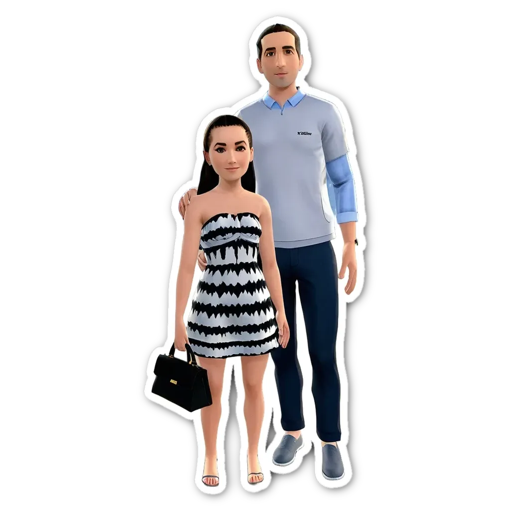 A man and woman in a 3D model with the woman wearing a dress and the man wearing a shirt.