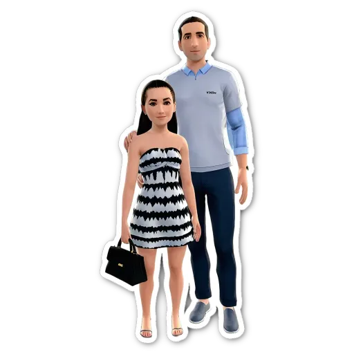 A man and woman in a 3D model with the woman wearing a dress and the man wearing a shirt.