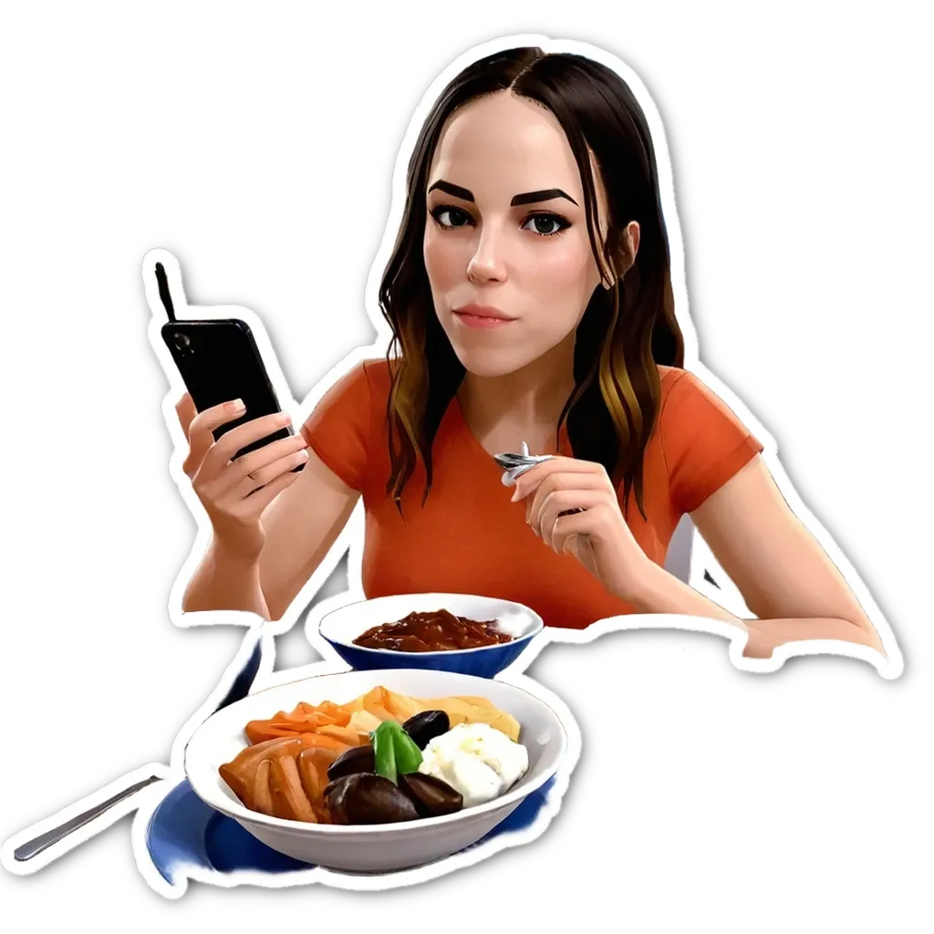 A girl using her phone while eating.