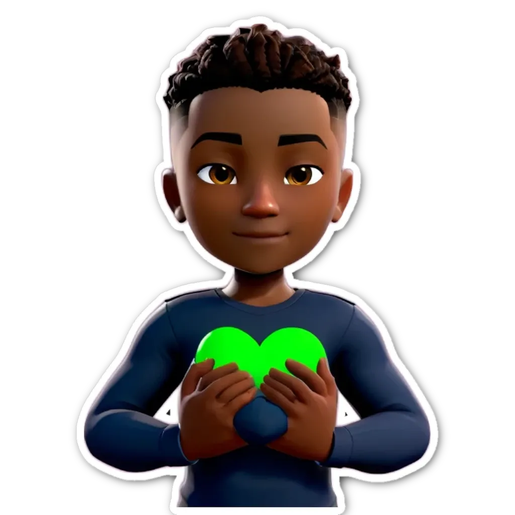 A boy in a blue shirt holding a green heart.