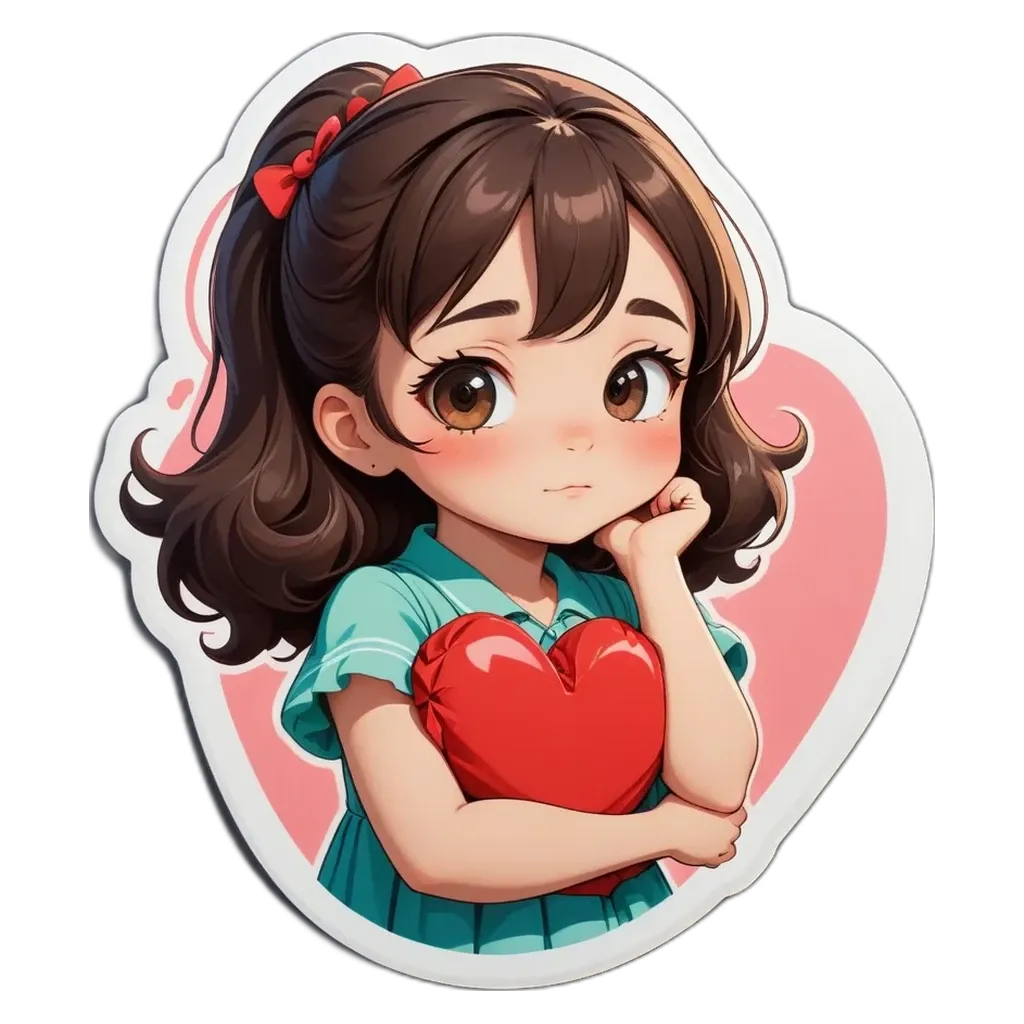 A girl with a red heart that is holding a sticker of her head with a bow in her hair.