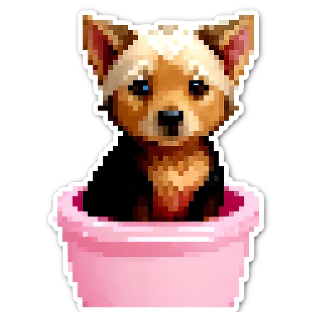 A cute puppy is sitting in a small pink bowl.