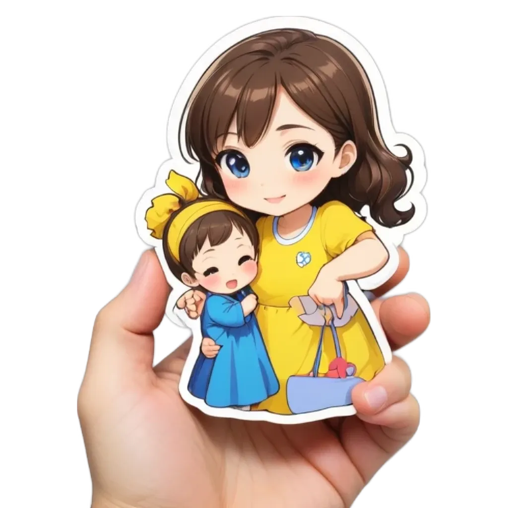 A hand holding a yellow doll that has a blue dress.