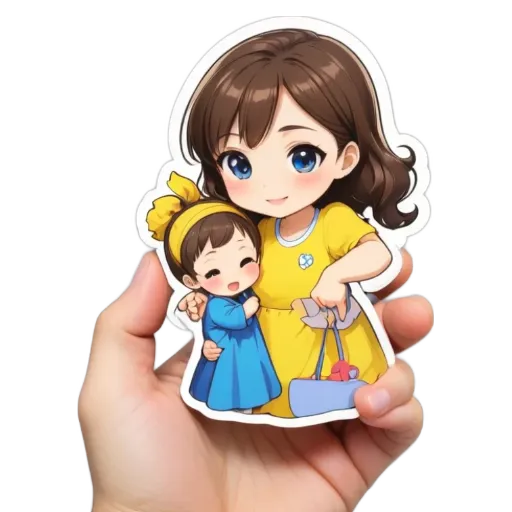 A hand holding a yellow doll that has a blue dress.