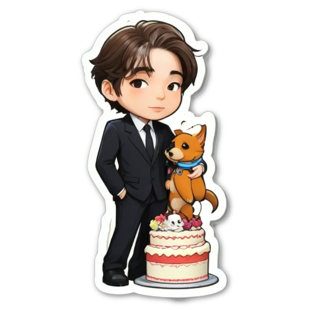 A boy wearing a suit and tie standing next to a dog and a cake.